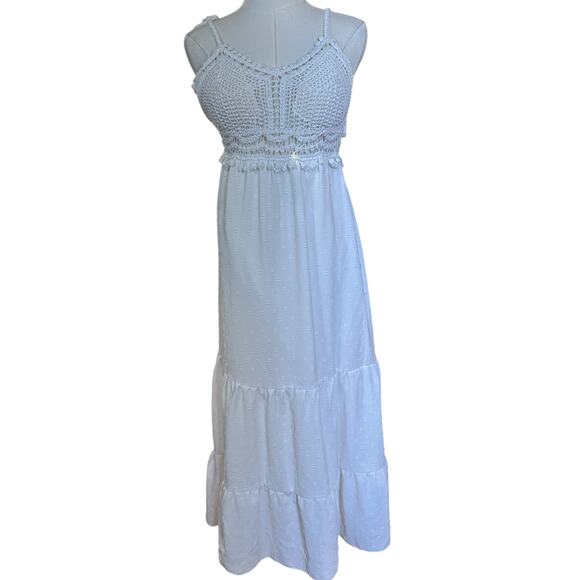 Crochet Midi Baby Doll Halter Dress Y2K Fairy White Shein Textured Tiered SZ SM - Picture 2 of 12